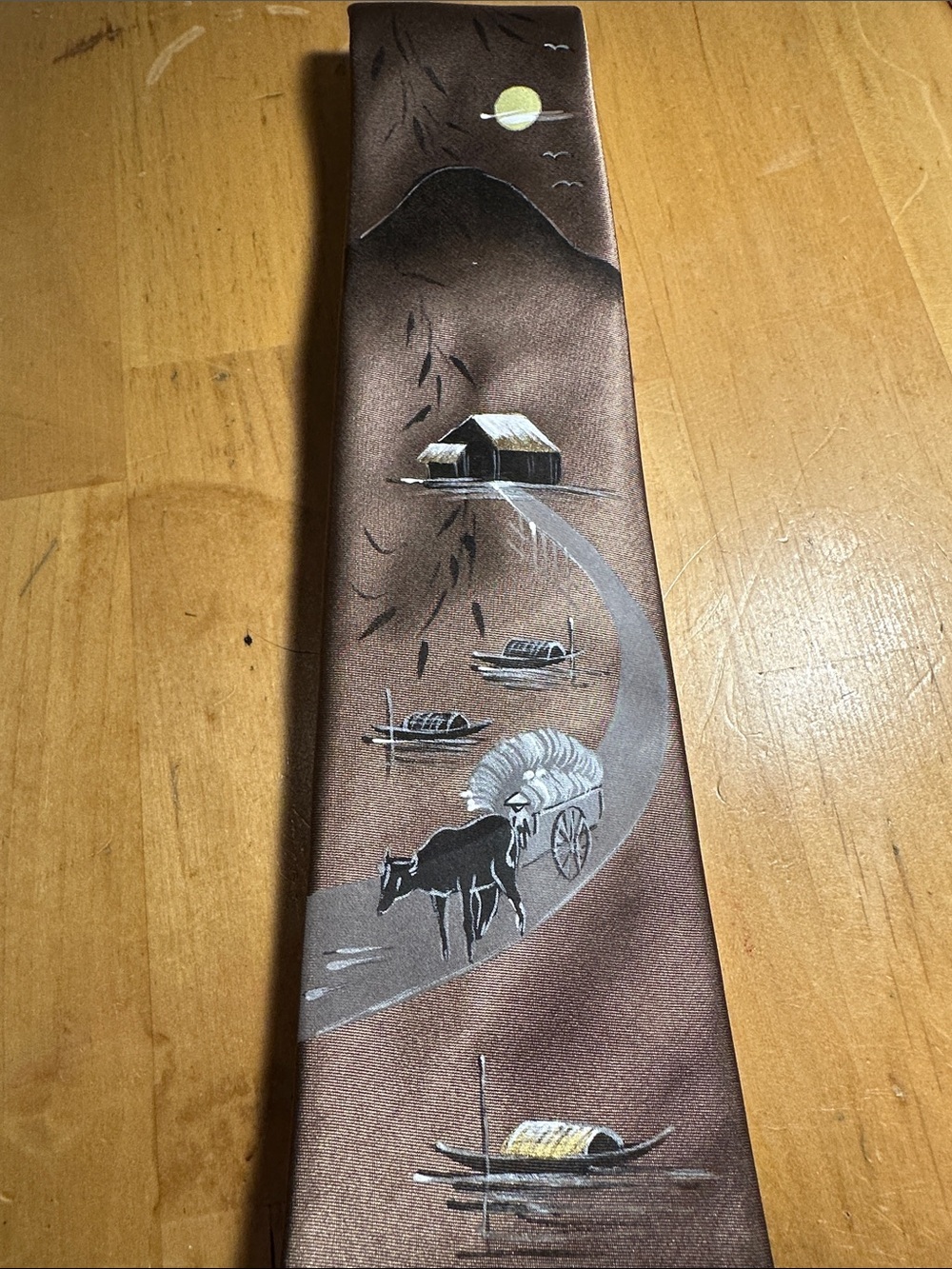 Brown Scenic Silk Tie with Hand-Painted Style Design